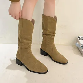Donne Tacco Medio Scarpe a Metà Polpaccio Inverno Pelle Scamosciata Chunky Chelsea Stivali Casual Goth Nuova Tendenza 2023 Punta