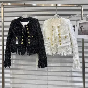 Giacca da donna in tweed di seta brillante con nappa con fibbia in metallo più nuova di High Street 2023