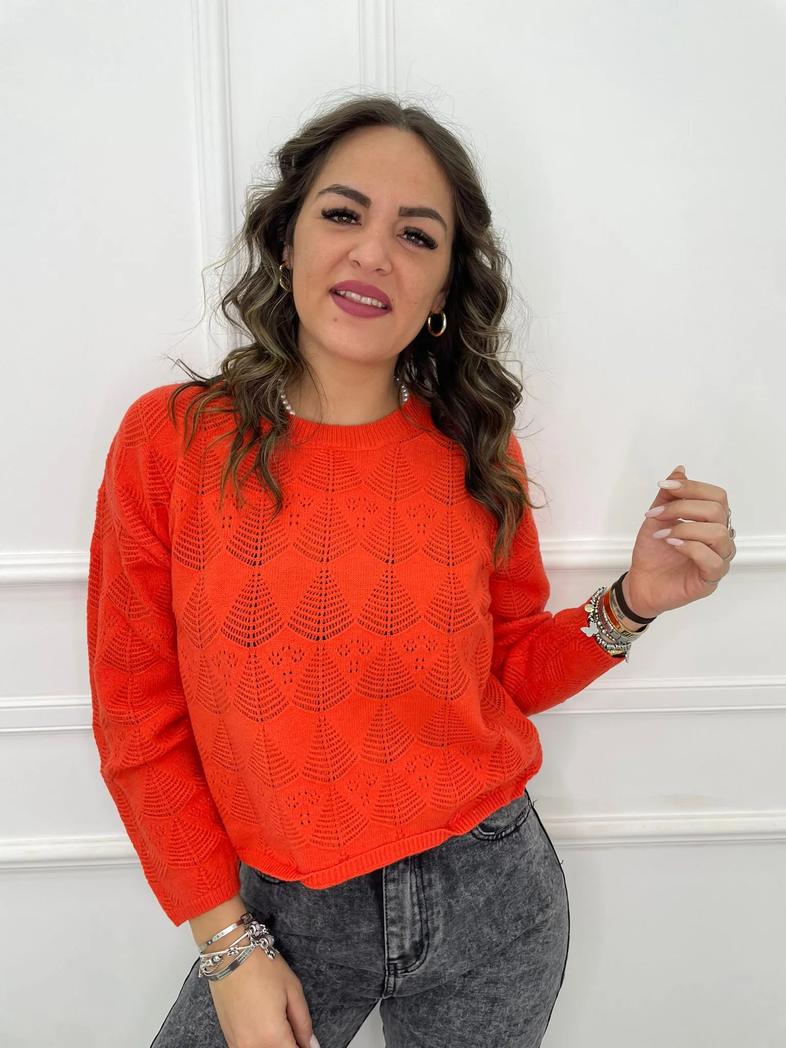 Maglione tinta unita trama rombi