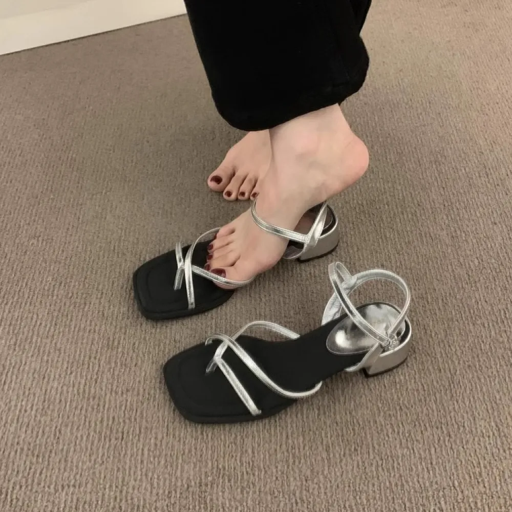 Sandali infradito incrociati con punta quadrata semplici stile fata francese per donna, bellissime scarpe romane estive con tacc